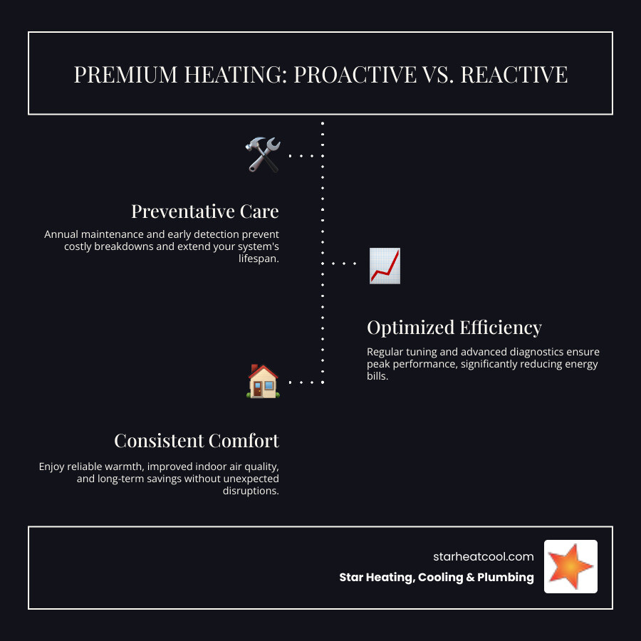 Infographic comparing standard reactive heating repairs (showing breakdown, emergency call, quick fix, repeat cycle) versus premium proactive heating service (showing annual maintenance, early detection, system optimization, reliable comfort, and lower costs over time) - premium heating service in carmel in infographic infographic-line-3-steps-dark