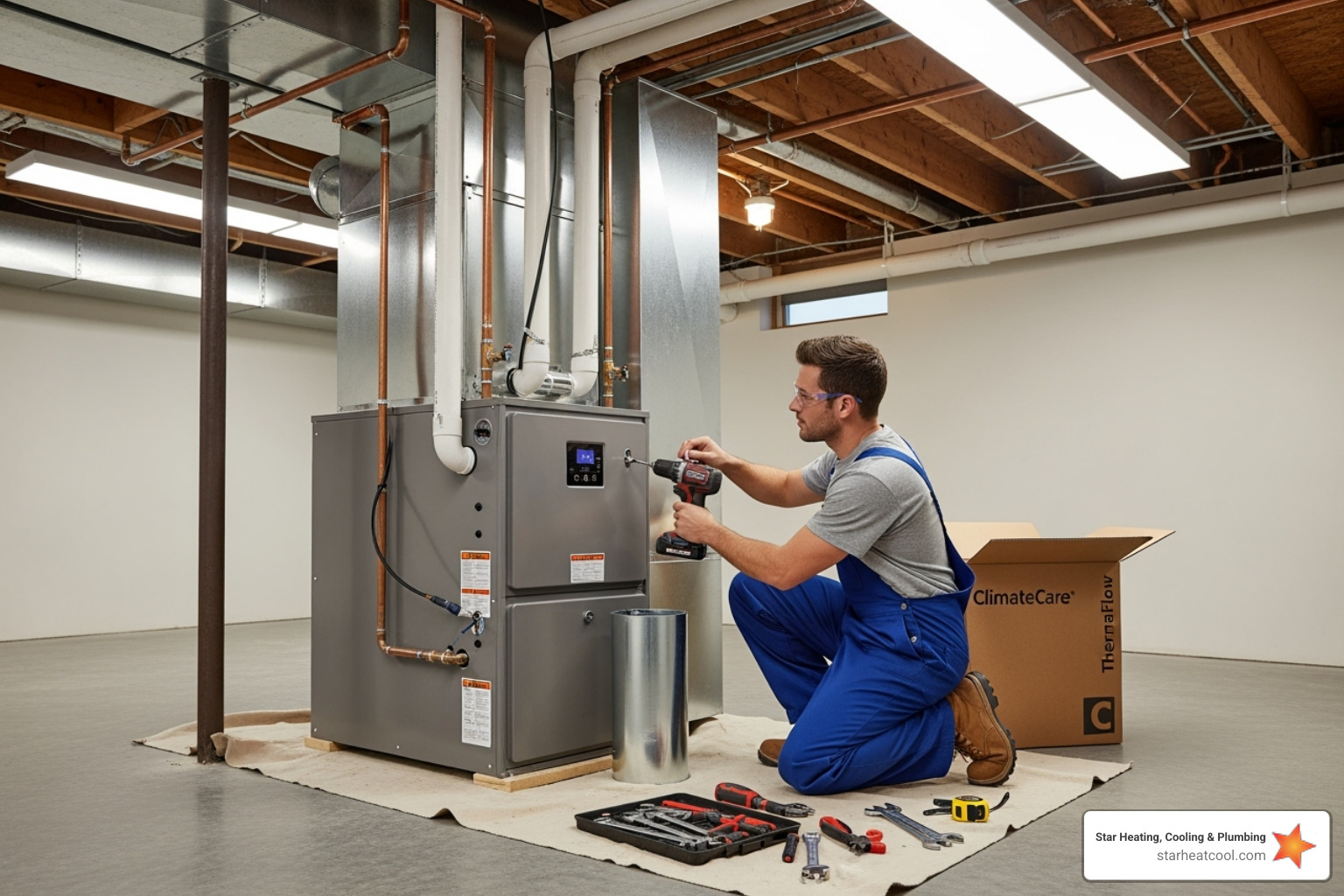 of a clean, modern furnace unit being installed - premium heating service in carmel in