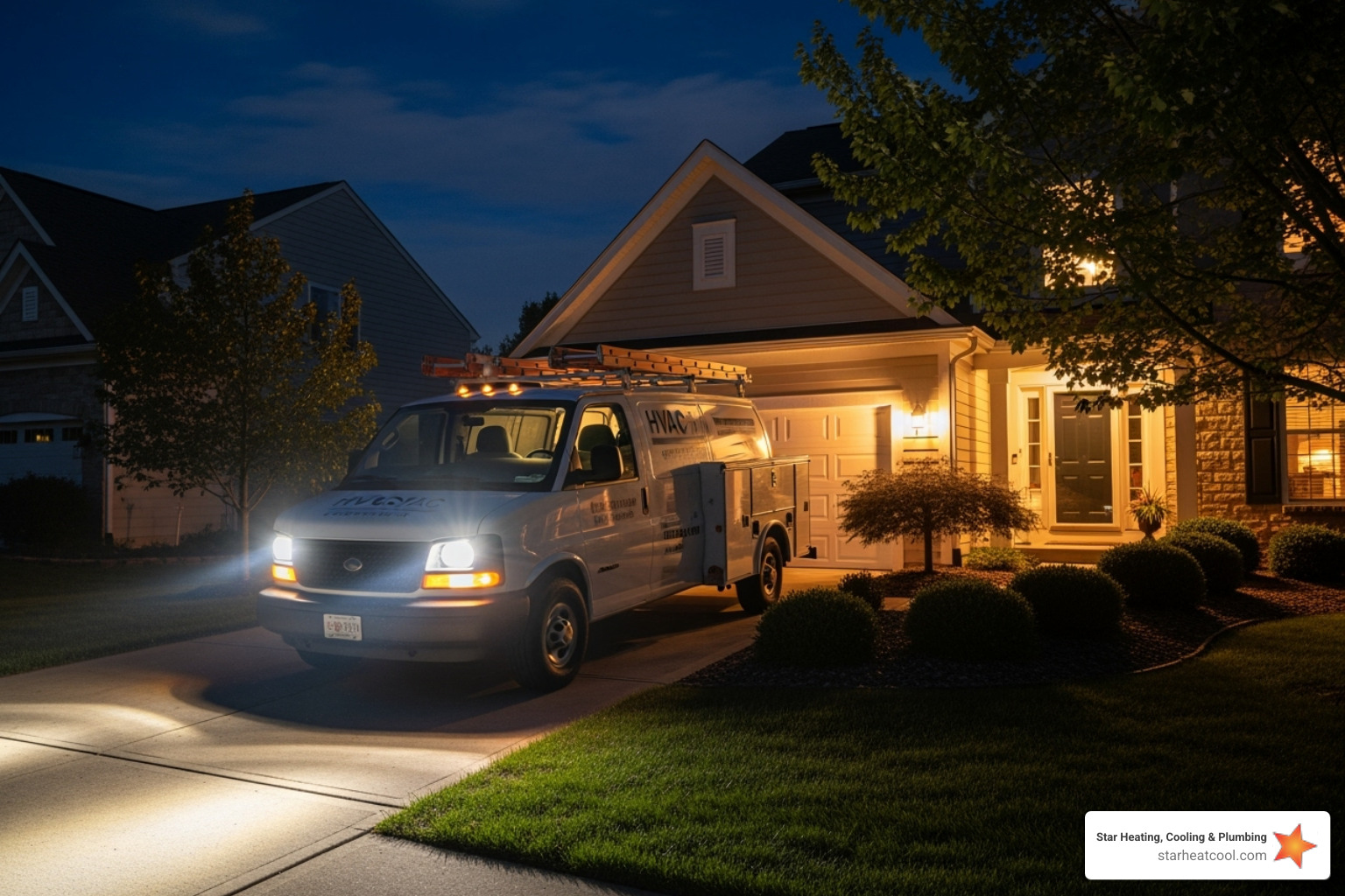 service van arriving at a Zionsville home at night - 24/7 heat pump repair in zionsville in service van arriving at a Zionsville home at night - 24/7 heat pump repair in zionsville in