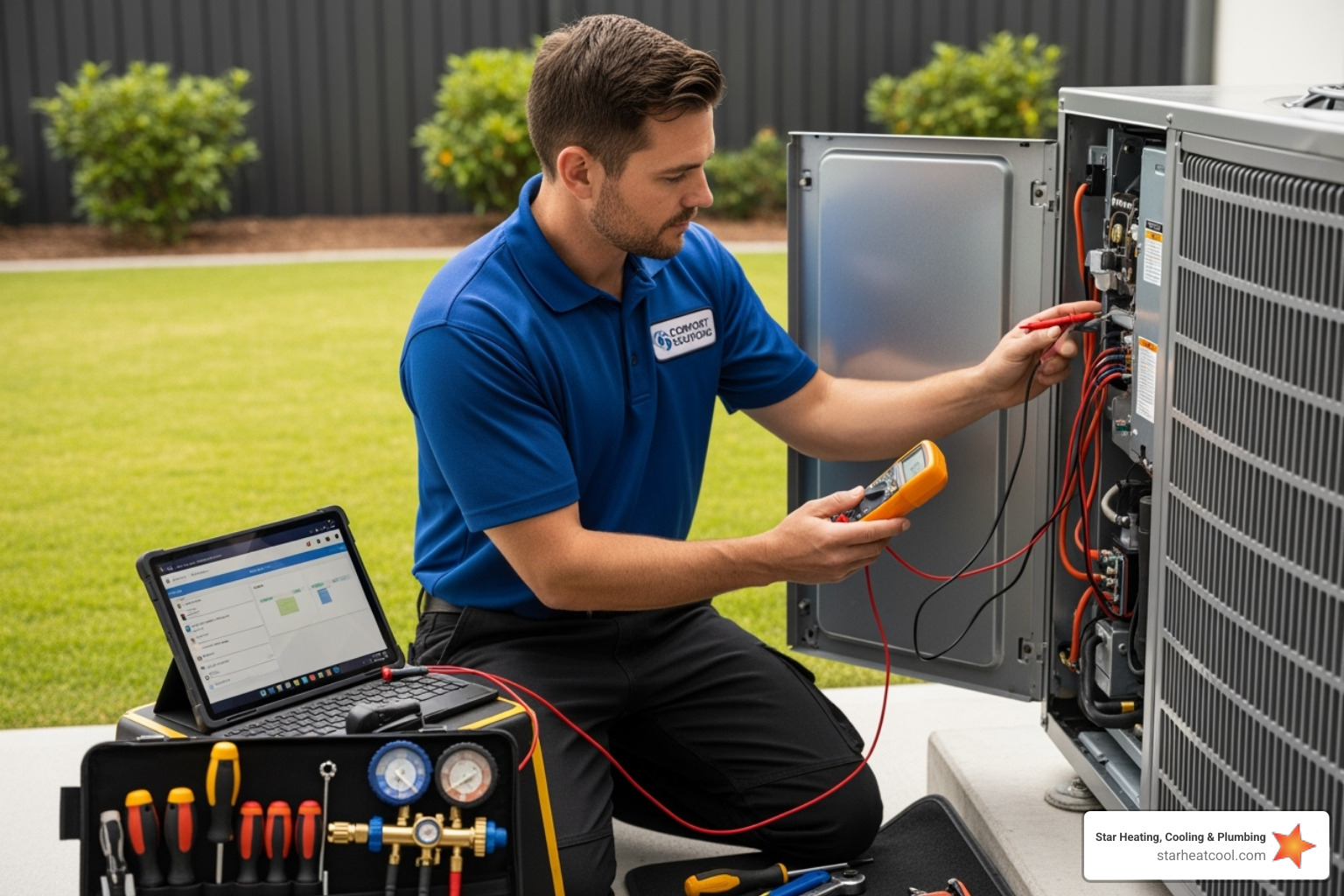 technician diagnosing a heat pump's outdoor unit - 24/7 heat pump repair in zionsville in technician diagnosing a heat pump's outdoor unit - 24/7 heat pump repair in zionsville in