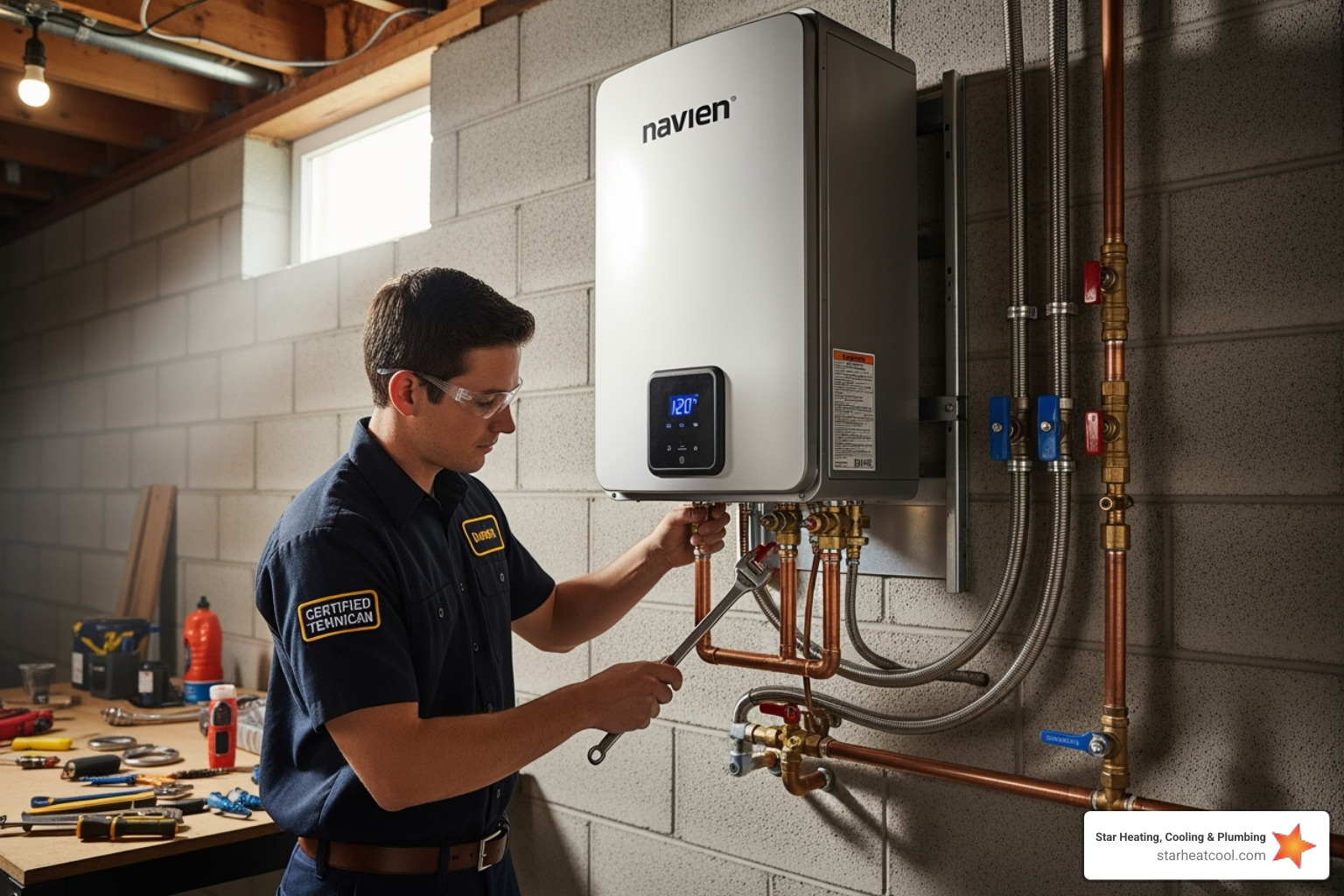 A certified technician carefully installing a Navien tankless water heater unit on a wall, connecting pipes and checking gauges - navien tankless water heater installation in arcadia in A certified technician carefully installing a Navien tankless water heater unit on a wall, connecting pipes and checking gauges - navien tankless water heater installation in arcadia in