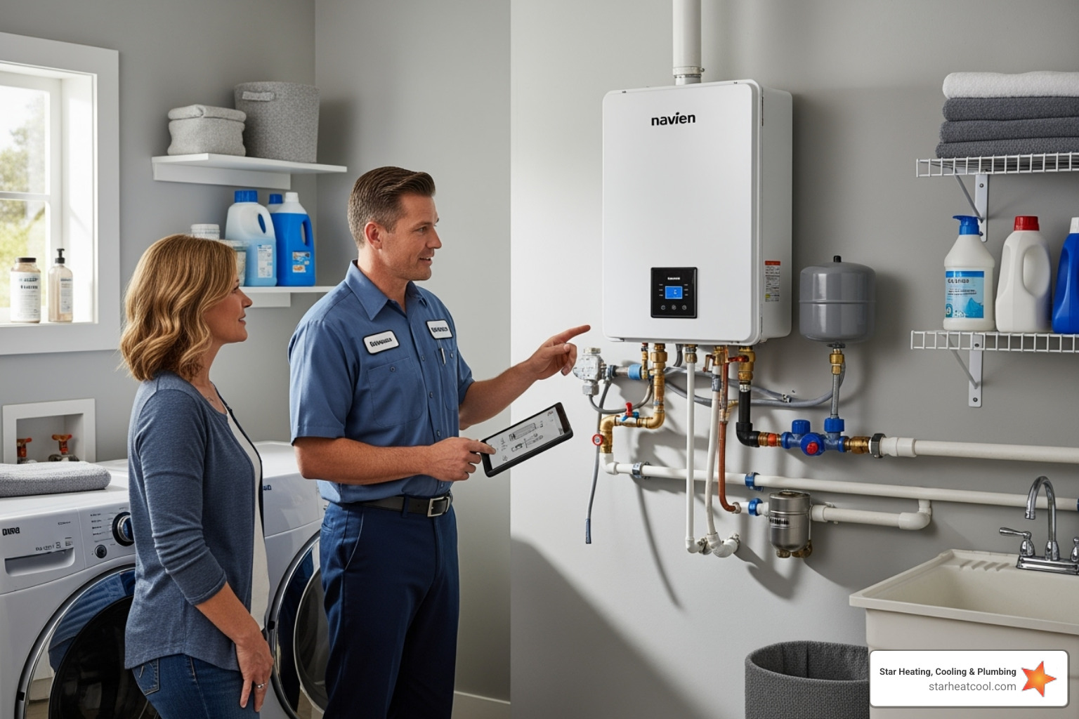 A friendly, certified technician explaining the features and benefits of a newly installed Navien tankless water heater to a homeowner in their utility room - navien tankless water heater installation in arcadia in A friendly, certified technician explaining the features and benefits of a newly installed Navien tankless water heater to a homeowner in their utility room - navien tankless water heater installation in arcadia in