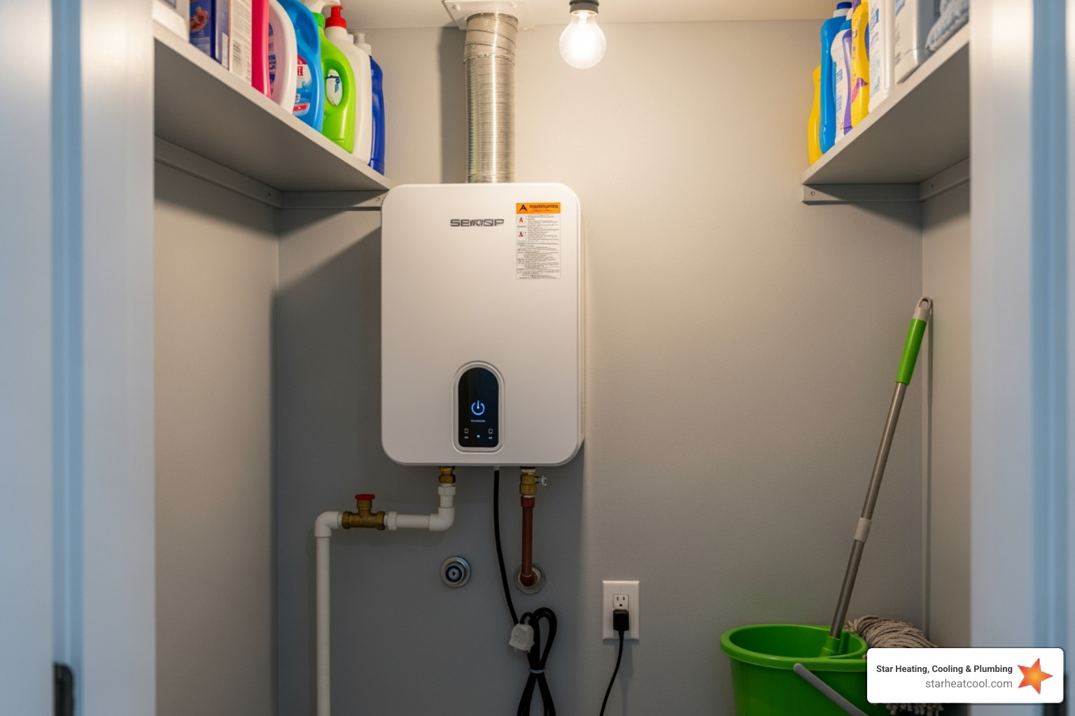 A compact, white tankless water heater mounted neatly on a wall in a utility closet - licensed water heater contractor in eagle village in