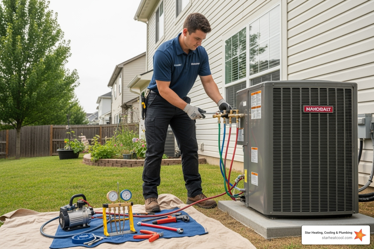 Professional technician carefully installing a new outdoor unit - heat pump replacement in bargersville in Professional technician carefully installing a new outdoor unit - heat pump replacement in bargersville in