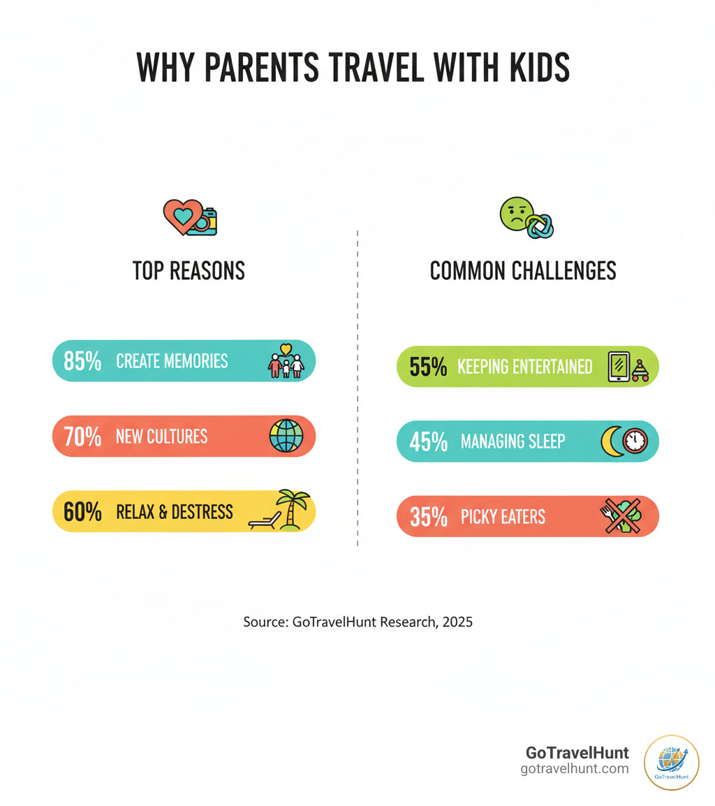 infographic showing top reasons parents travel with children: 85% to create memories, 70% to expose kids to new cultures, 60% to relax and destress; most common challenges: 55% keeping kids entertained, 45% managing sleep schedules, 35% dealing with picky eaters - how to travel with kids infographic 