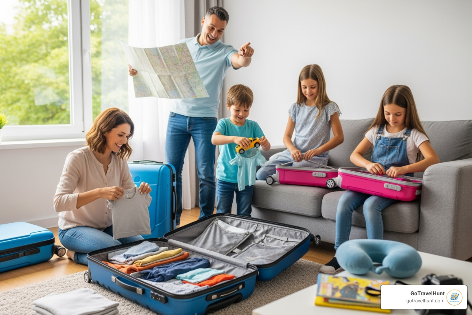 family packing suitcases together - how to travel with kids