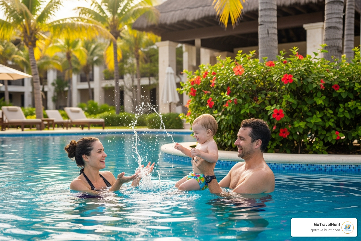 a family enjoying a resort pool in the Riviera Maya - best places to travel with toddlers