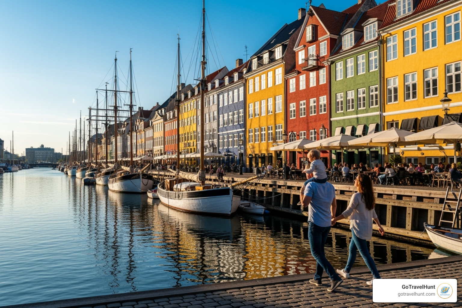 a family walking by the colorful Nyhavn harbor - best places to travel with toddlers