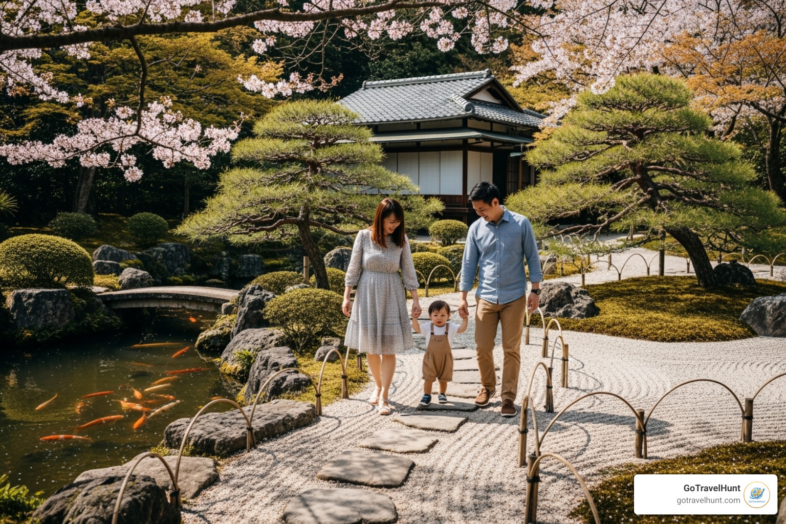 a family exploring a serene Japanese garden in Kyoto - best places to travel with toddlers