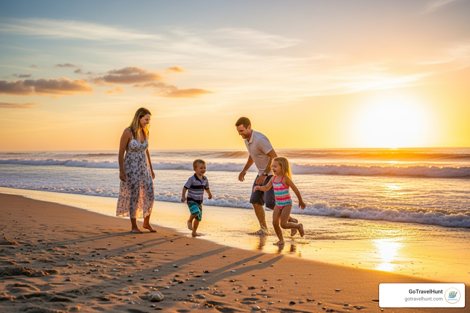 family playing on a beach at sunset - best places to travel with toddlers