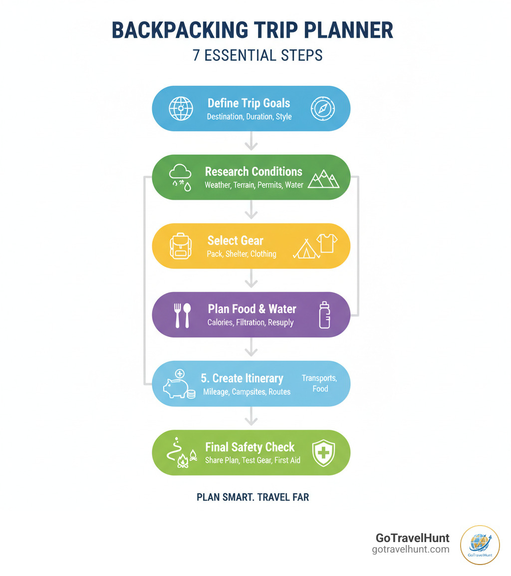 Infographic showing the 7 essential steps of planning a backpacking trip: Step 1 - Define Trip Goals (destination, duration, travel style), Step 2 - Research Conditions (weather, terrain, permits, water sources), Step 3 - Select Gear (backpack, shelter, clothing based on conditions), Step 4 - Plan Food & Water (calorie needs, filtration, resupply points), Step 5 - Create Itinerary (daily mileage, campsites, backup routes), Step 6 - Set Budget (accommodation, transport, food, activities, emergency fund), Step 7 - Final Safety Check (share itinerary, test gear, check weather, pack first aid kit) - backpacking travel planner infographic  Infographic showing the 7 essential steps of planning a backpacking trip: Step 1 - Define Trip Goals (destination, duration, travel style), Step 2 - Research Conditions (weather, terrain, permits, water sources), Step 3 - Select Gear (backpack, shelter, clothing based on conditions), Step 4 - Plan Food & Water (calorie needs, filtration, resupply points), Step 5 - Create Itinerary (daily mileage, campsites, backup routes), Step 6 - Set Budget (accommodation, transport, food, activities, emergency fund), Step 7 - Final Safety Check (share itinerary, test gear, check weather, pack first aid kit) - backpacking travel planner infographic