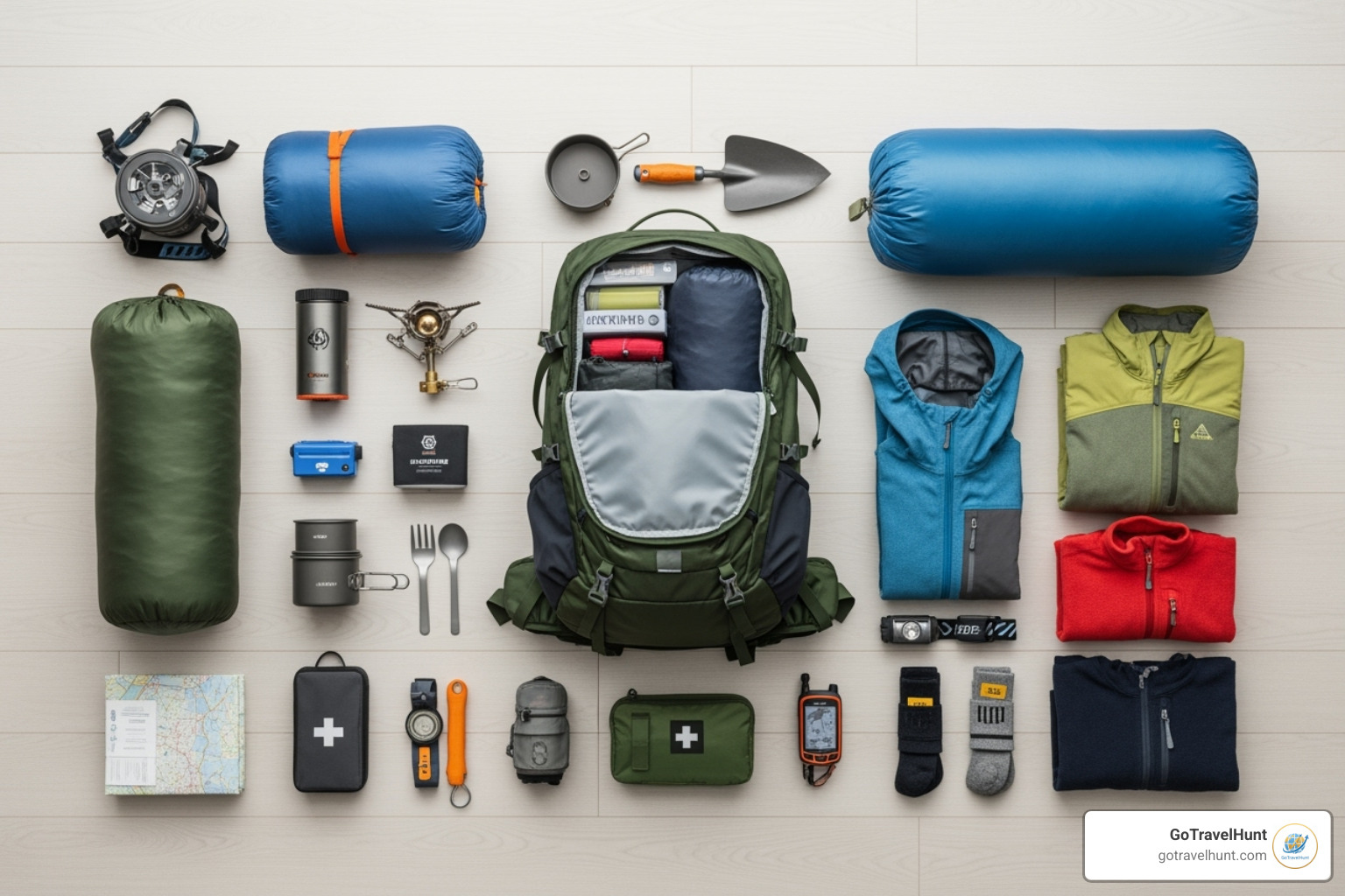 A well-organized backpacking gear layout (a "flat lay") on the floor. - backpacking travel planner A well-organized backpacking gear layout (a "flat lay") on the floor. - backpacking travel planner