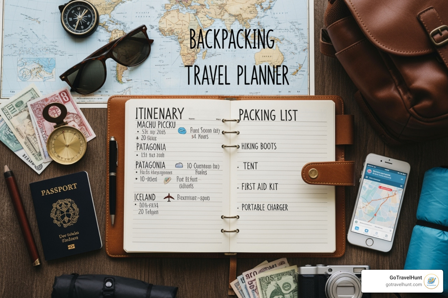 A tablet and phone screen showing a travel itinerary app next to a physical backpack and hiking boots. - backpacking travel planner A tablet and phone screen showing a travel itinerary app next to a physical backpack and hiking boots. - backpacking travel planner