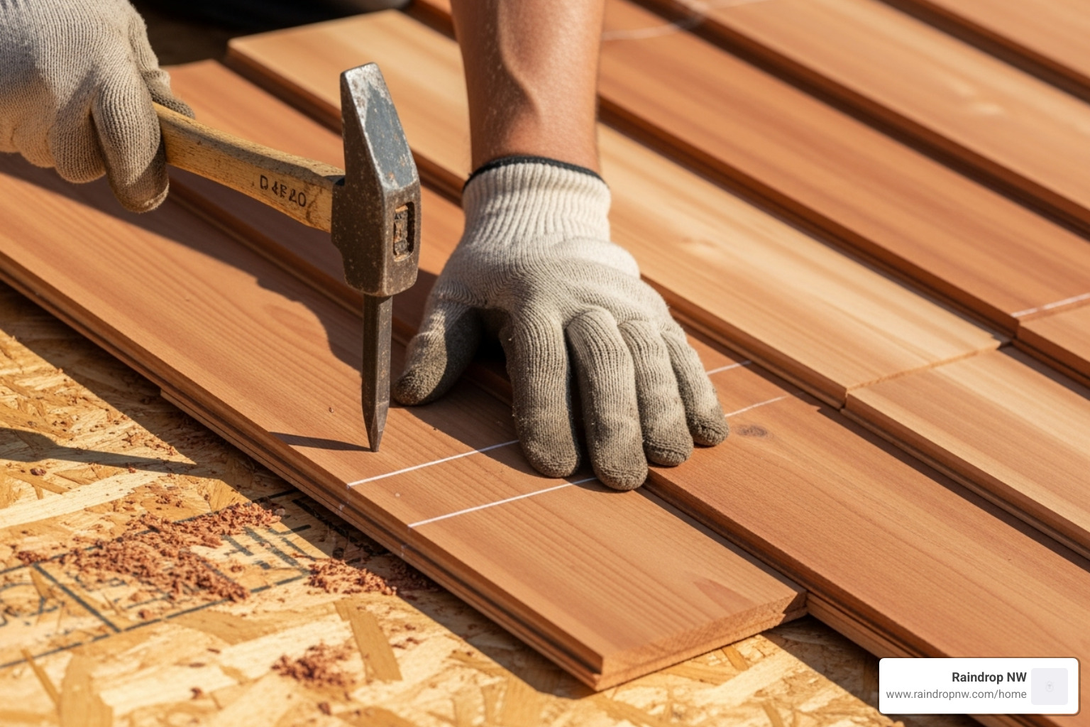roofer carefully nailing a course of cedar shingles - cedar roofing installation in first addition or