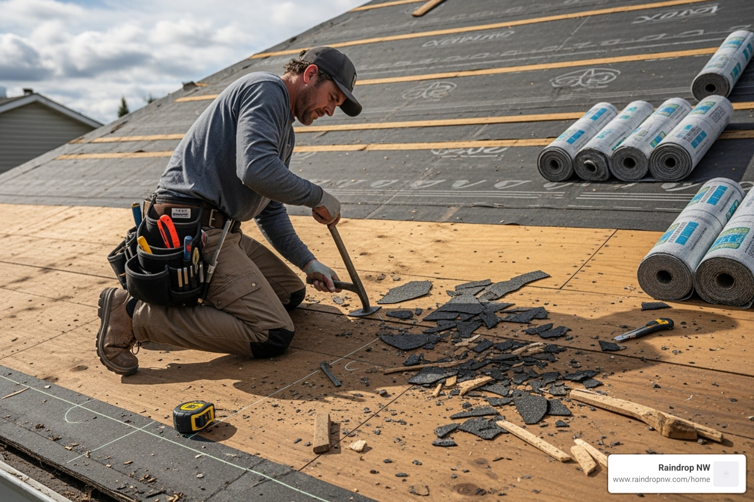 roofer preparing roof deck for new shingle installation - cedar roofing installation in first addition or