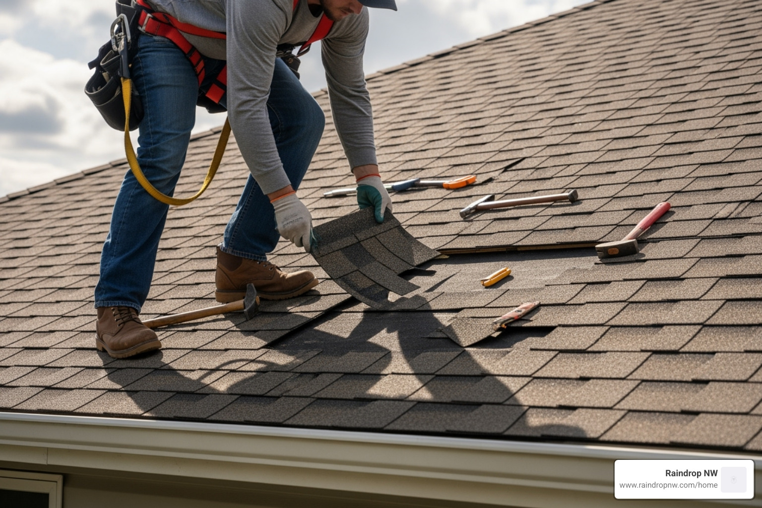 roofer carefully replacing a single damaged shingle - asphalt shingle roofing repair in orenco station or