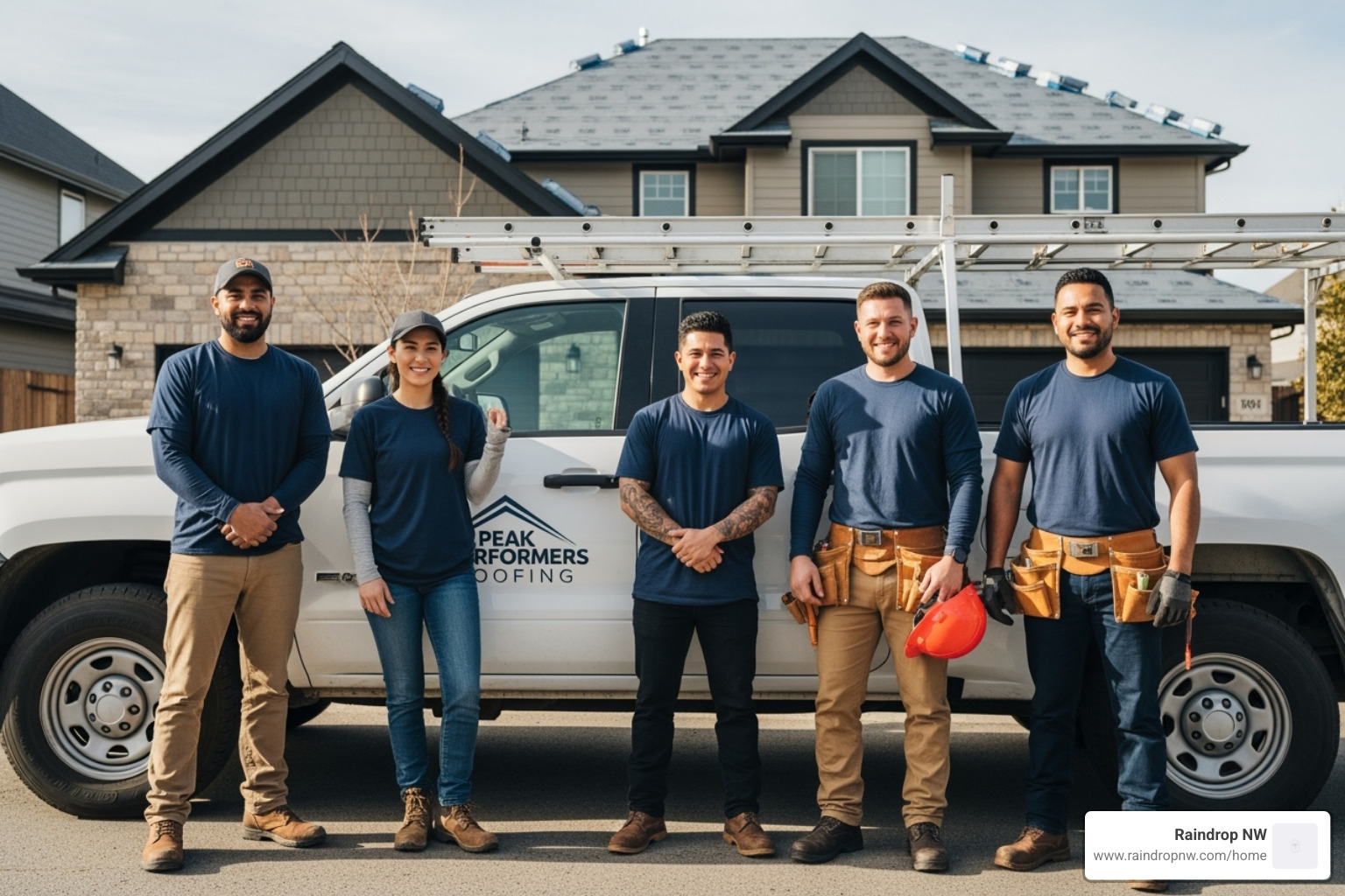 friendly roofing team with a company truck - asphalt shingle roofing repair in orenco station or