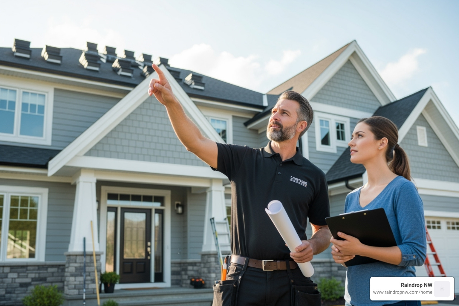 roofing contractor discussing plans with homeowner - best cedar roofing company in bull mountain or