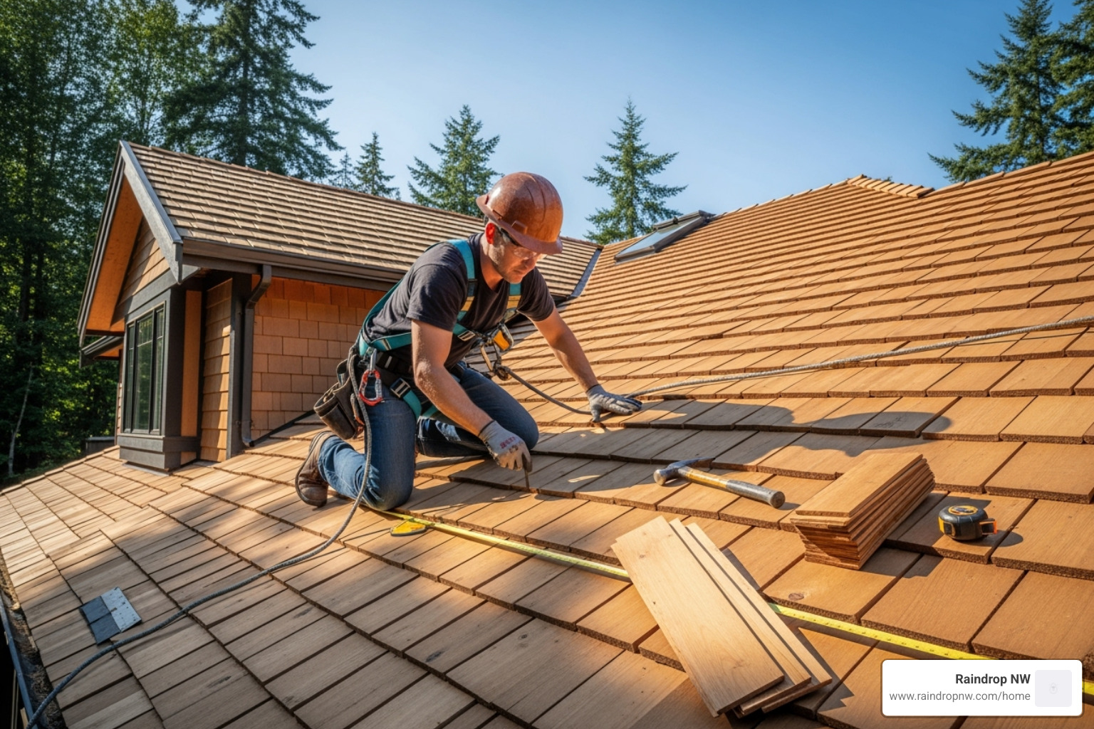 professional roofer safely working on a cedar roof - best cedar roofing company in bull mountain or