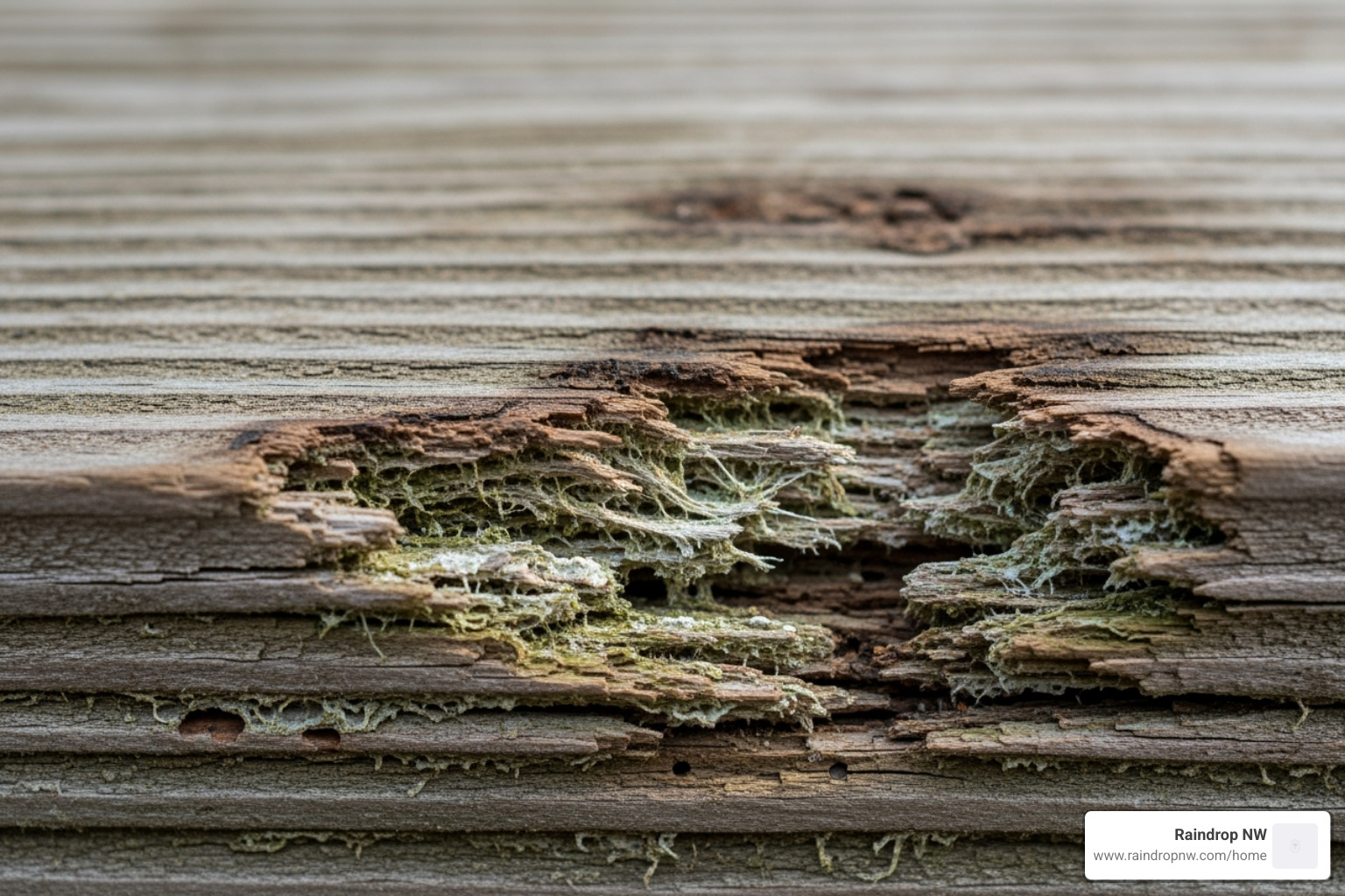 close-up of soft, rotting wood on a deck board - balconies, patios, and flat decks damaged in aloha or