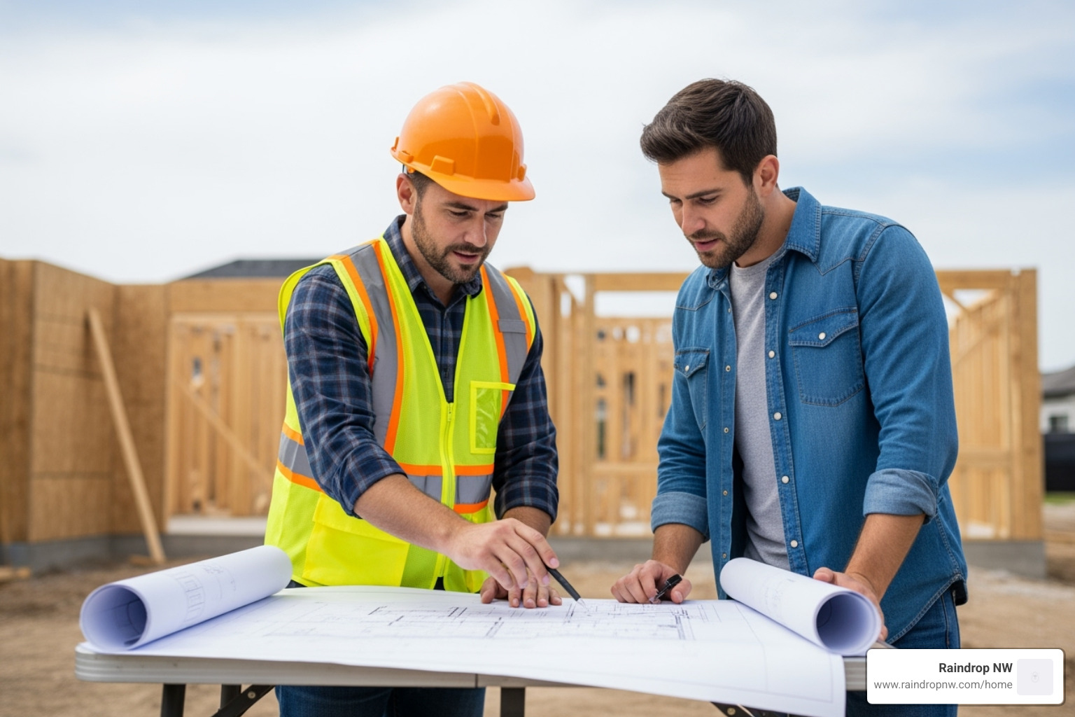 of a professional contractor reviewing blueprints with a homeowner on-site. - professional balconies, patios, and flat decks service in hillsboro or