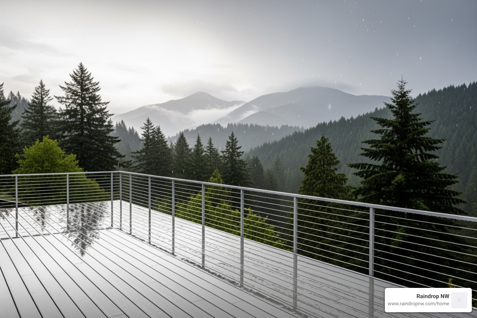 of a waterproof vinyl flat deck overlooking a rainy Oregon landscape. - professional balconies, patios, and flat decks service in hillsboro or