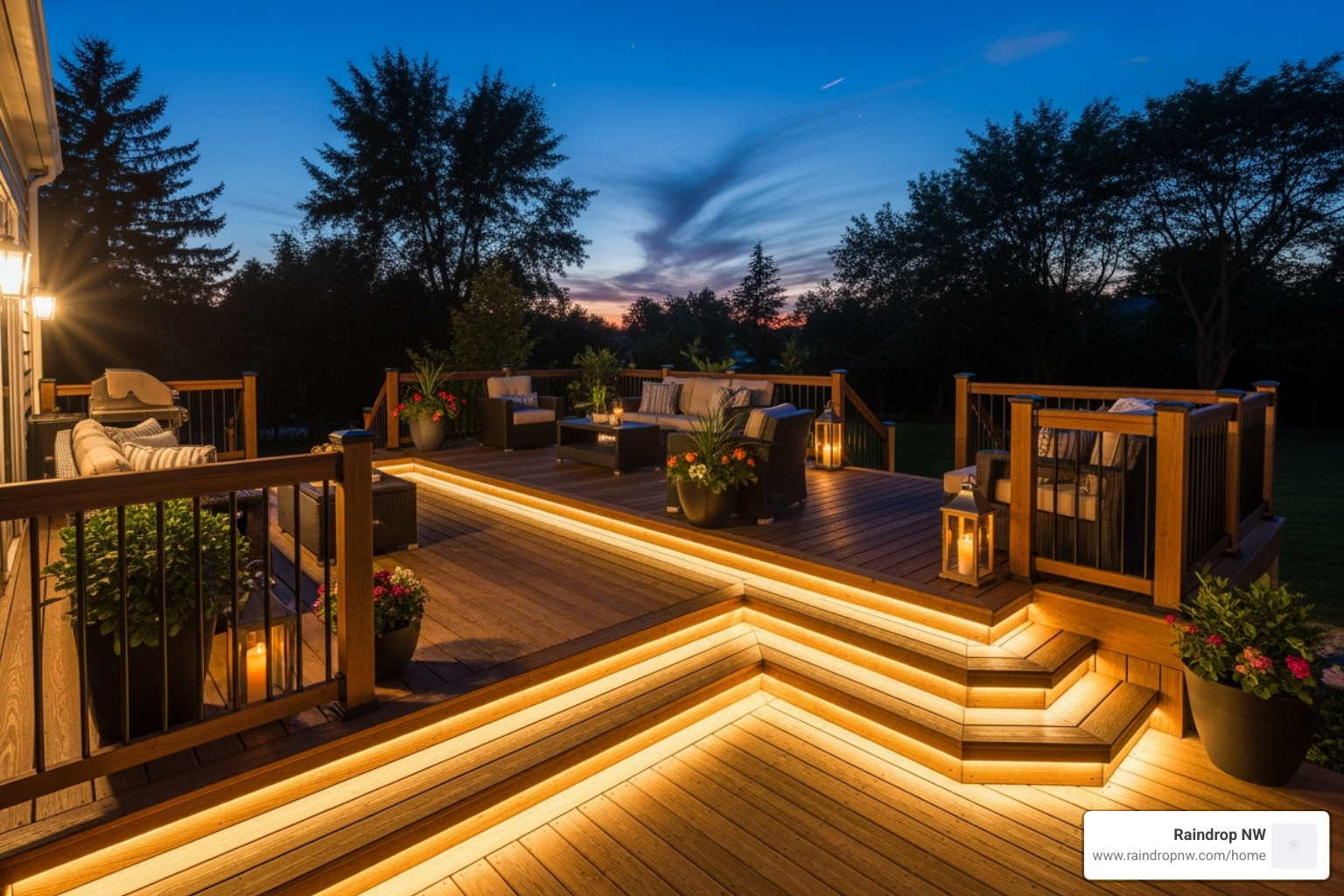 of a completed multi-level deck with integrated lighting at dusk. - professional balconies, patios, and flat decks service in hillsboro or
