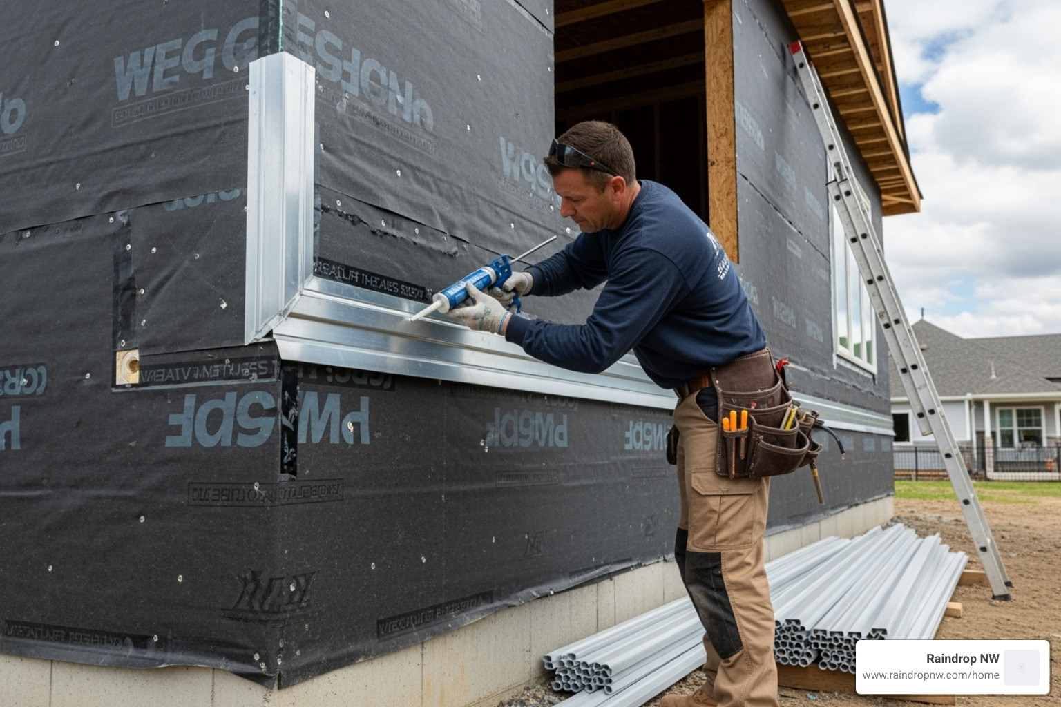 image of a contractor professionally installing new flashing against a home's weather-resistive barrier before siding is re-installed. - balconies, patios, and flat decks flashing repair in tigard or