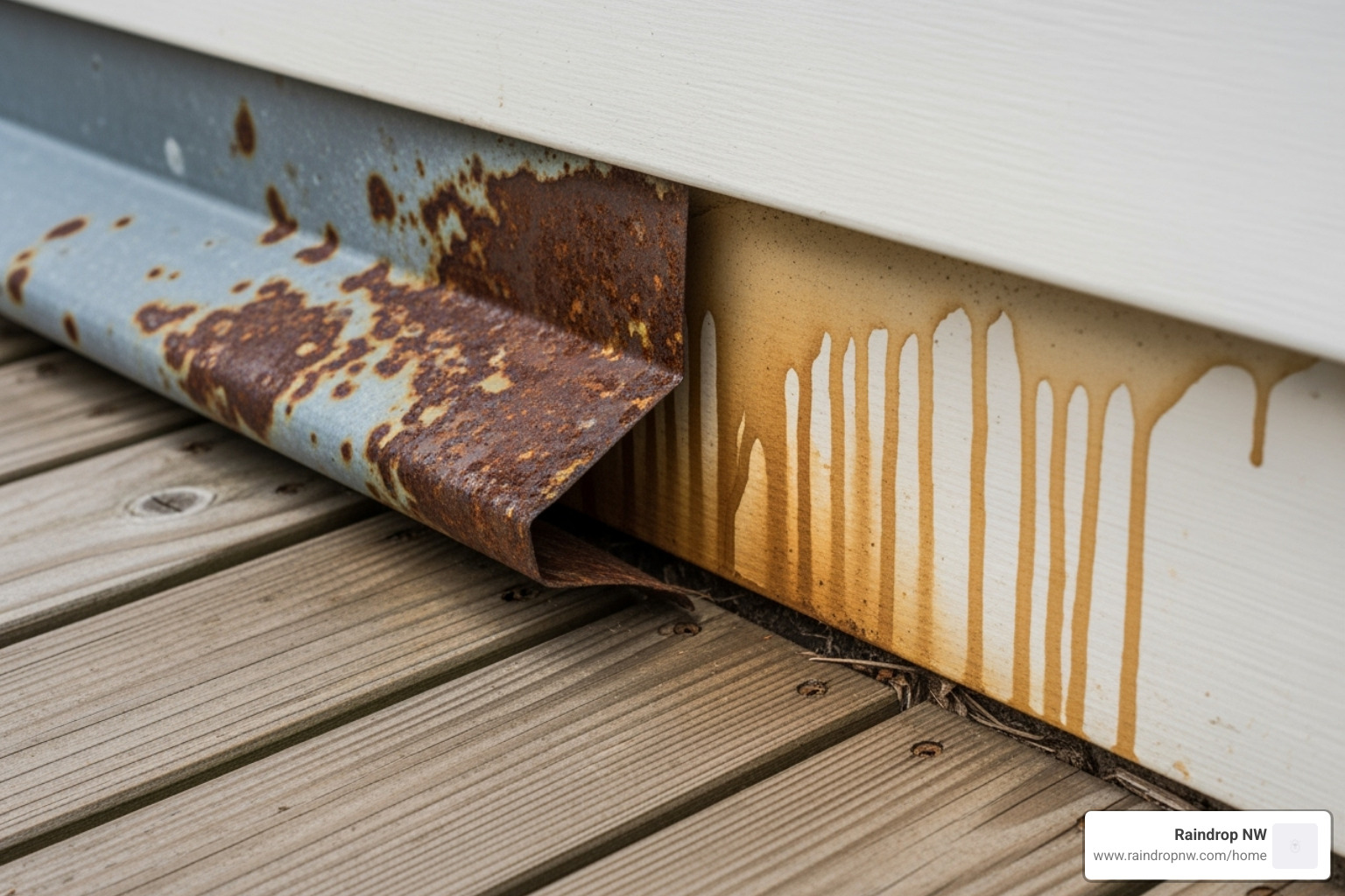 image of corroded or pulled-away flashing at the junction of a deck and a house wall, with visible water stains on the siding below. - balconies, patios, and flat decks flashing repair in tigard or