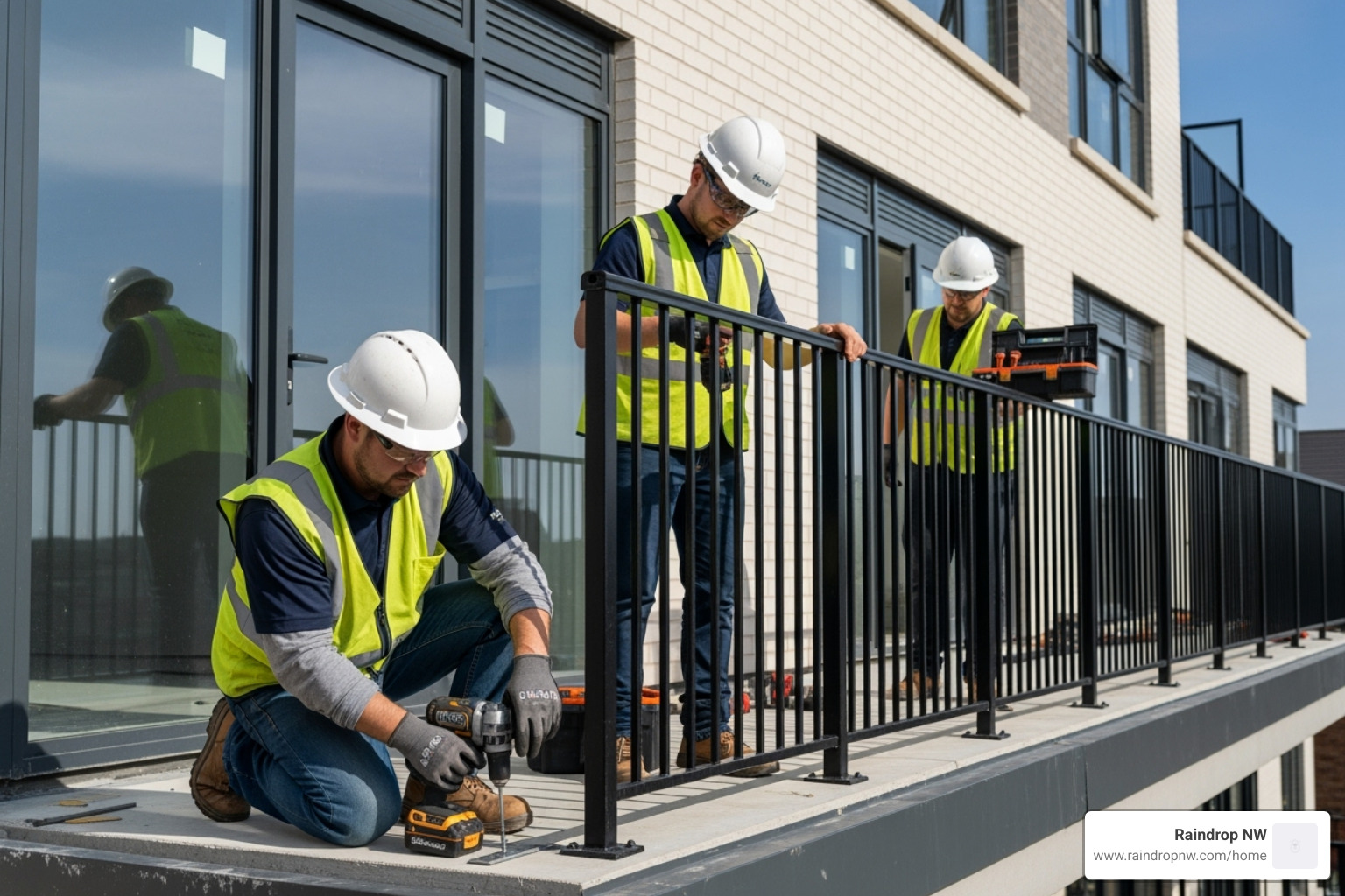 image of a construction team professionally installing a balcony railing - best balconies, patios, and flat decks company in dunthorpe or