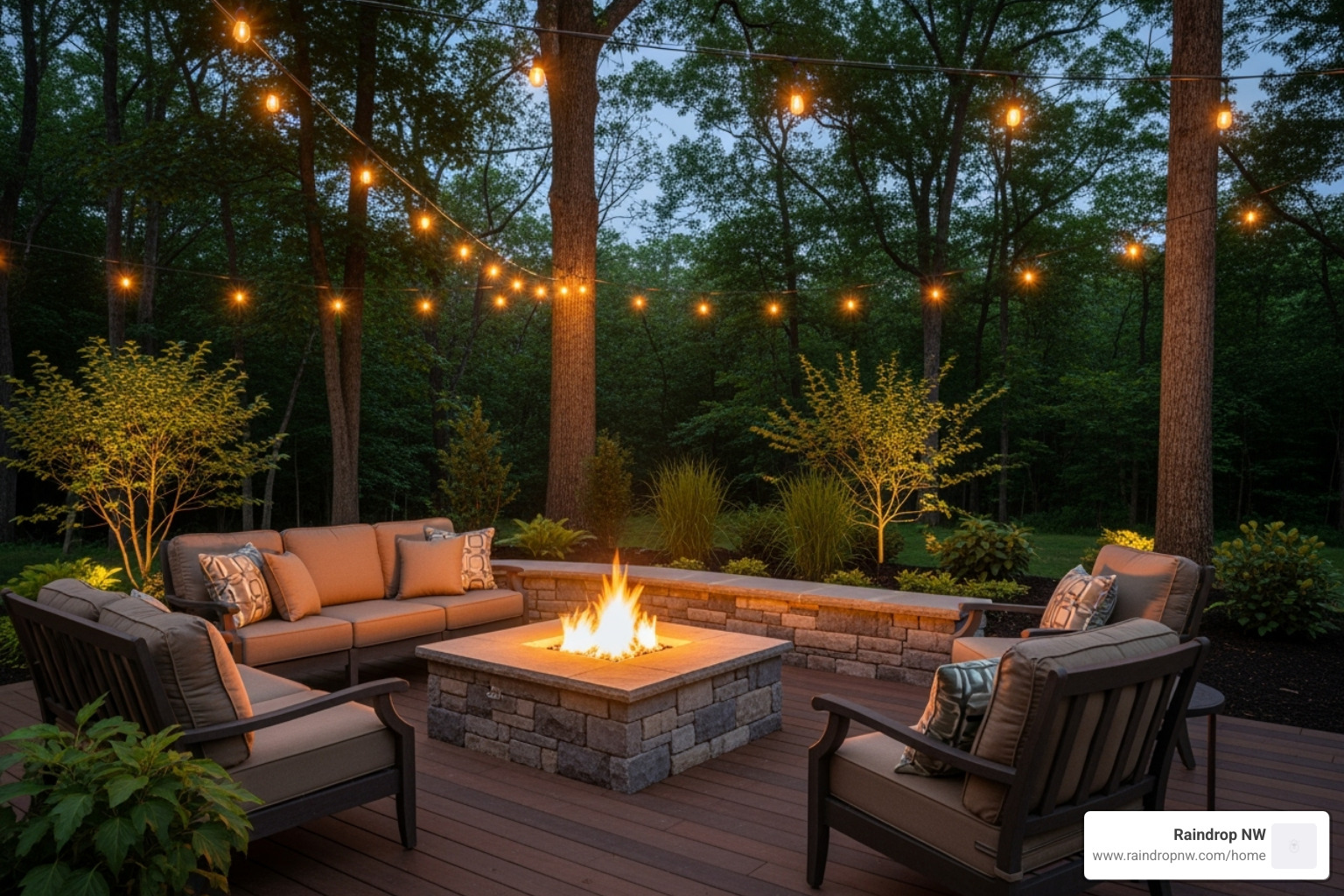 image of a beautiful cedar patio with a built-in fire pit - best balconies, patios, and flat decks company in dunthorpe or