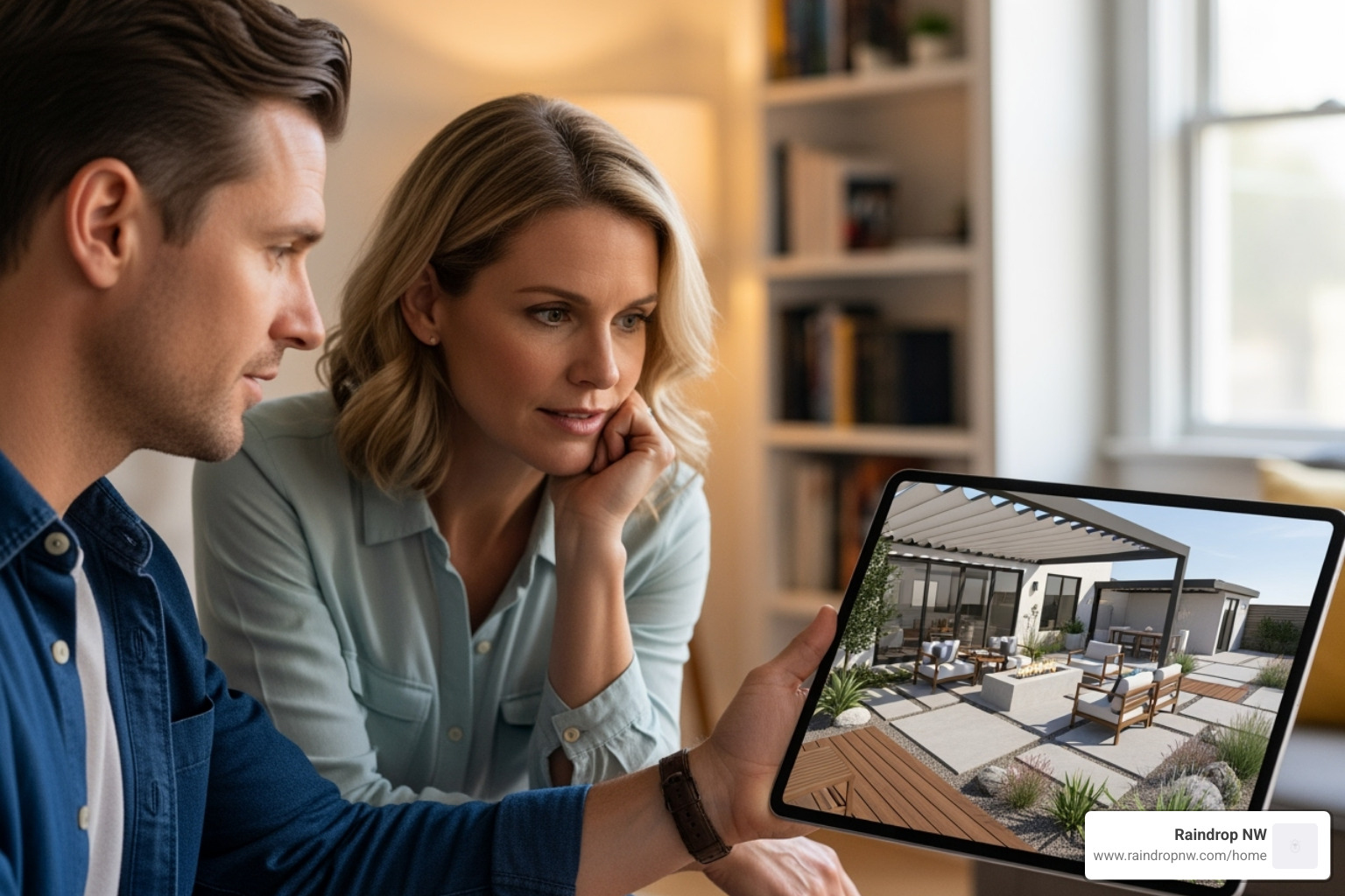 image of a designer showing a 3D render of a patio to a homeowner - best balconies, patios, and flat decks company in dunthorpe or