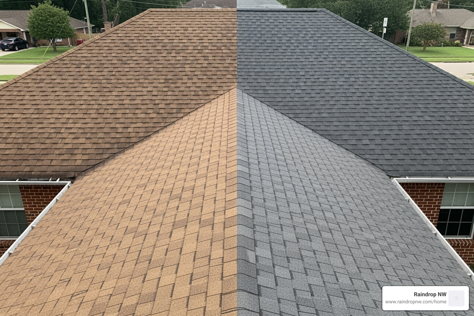 An image contrasting a lumpy, uneven roof with an overlay installation on one side, and a smooth, pristine new roof from a full tear-off on the other side, highlighting the aesthetic and quality difference - asphalt shingle roofing replacement in first addition or