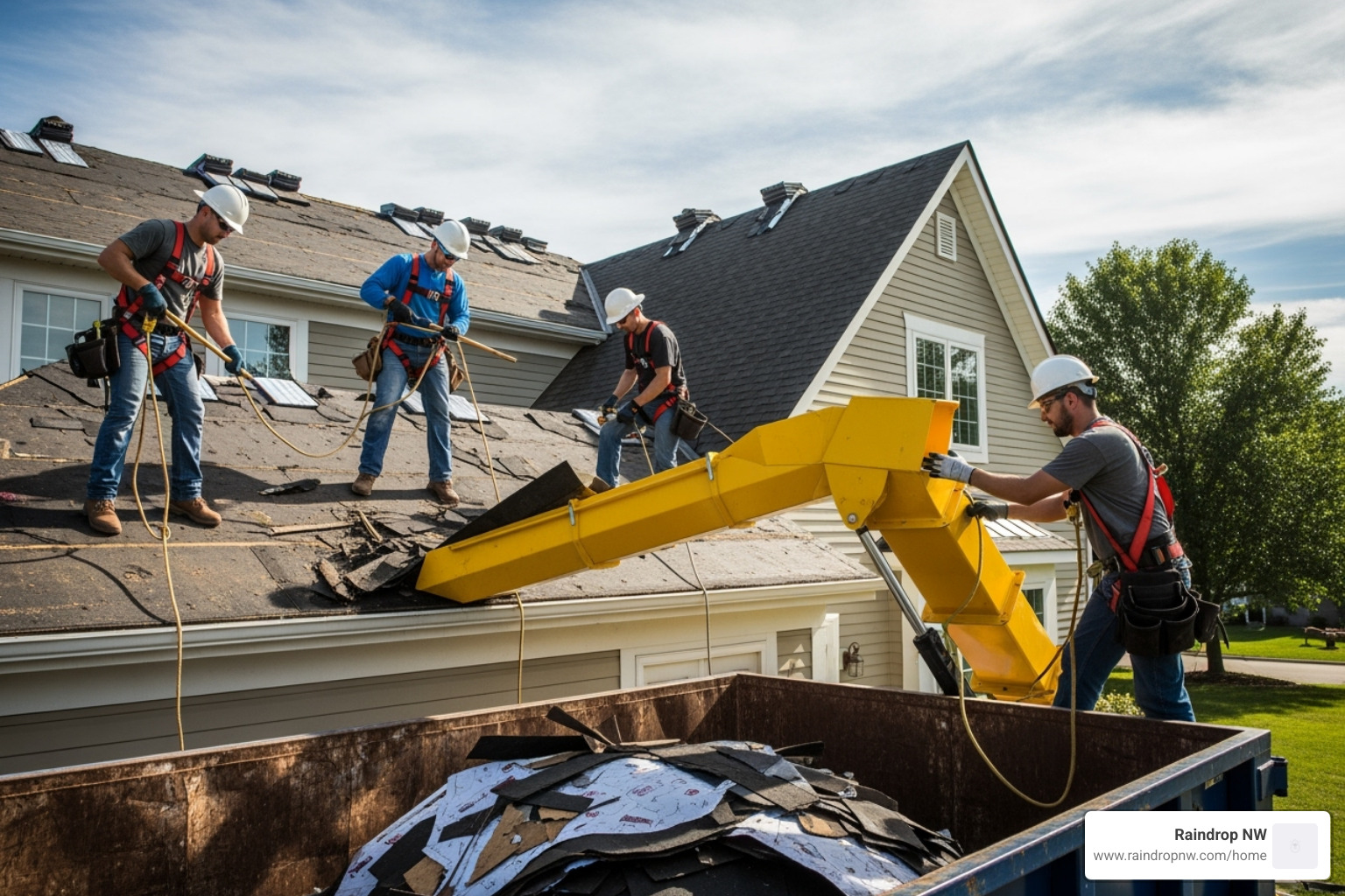 A professional roofing crew carefully tearing off old shingles from a residential roof, with debris chute leading to a dumpster, emphasizing safety and cleanliness - asphalt shingle roofing replacement in first addition or