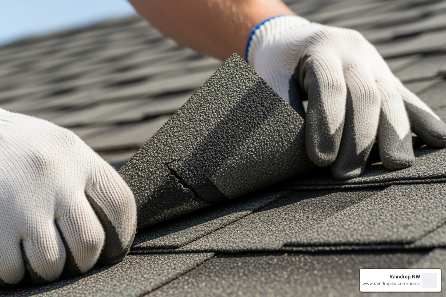 A roofer carefully inspecting a damaged shingle on a residential roof, looking for signs of wear and water intrusion - asphalt shingle roofing replacement in first addition or
