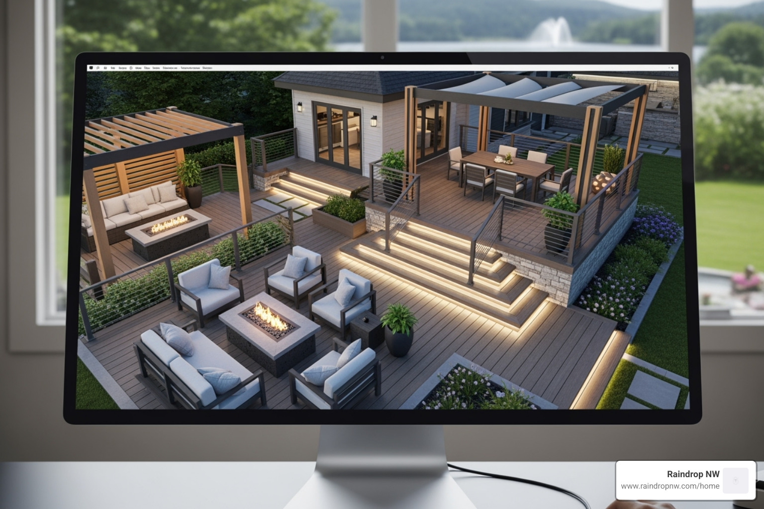 3D deck design rendering on a computer screen - best balconies, patios, and flat decks company in vancouver wa