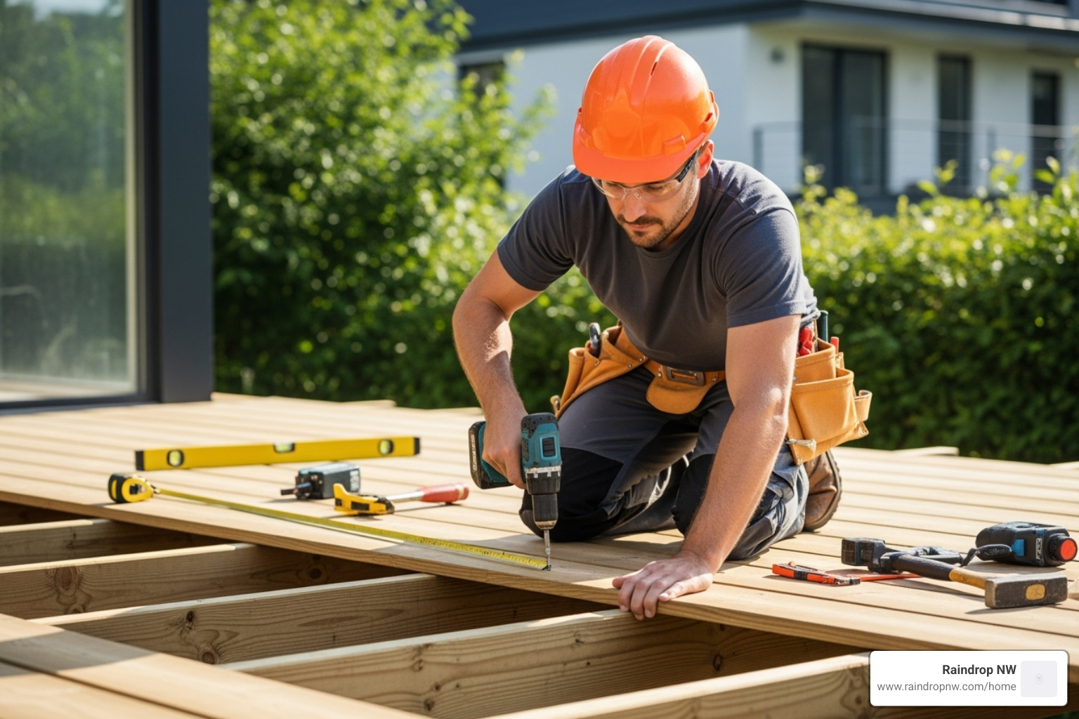construction worker carefully installing deck boards - best balconies, patios, and flat decks company in vancouver wa