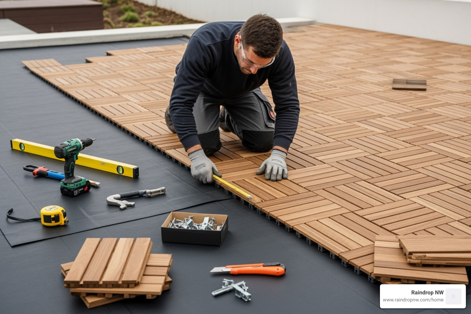 professional installing a floating deck over an EPDM membrane - epdm balconies, patios, and flat decks in first addition or
