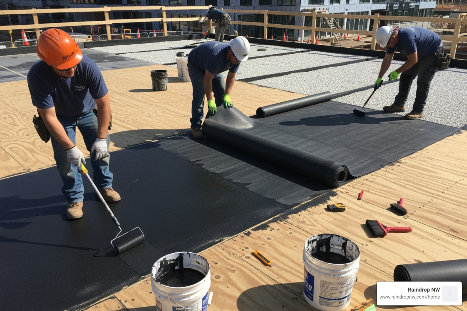 layers of an EPDM deck system being installed - epdm balconies, patios, and flat decks in first addition or