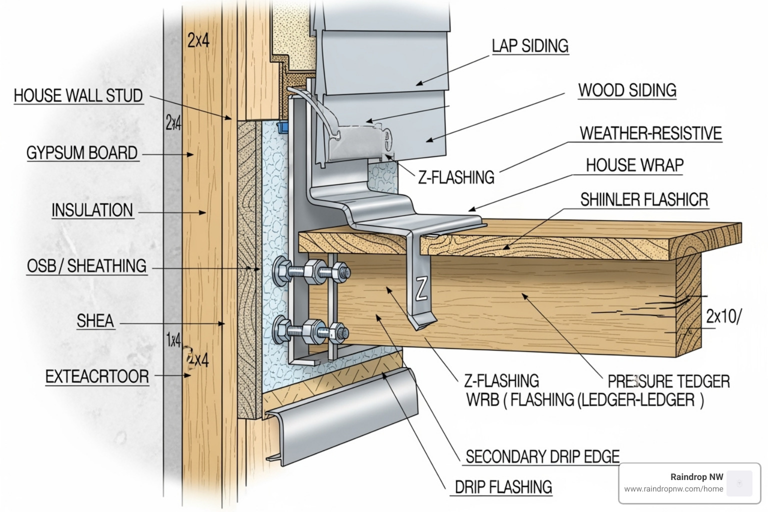 image of a cross-section diagram showing proper layering of flashing, building paper, and siding over a deck ledger board. - balconies, patios, and flat decks flashing repair in tigard or