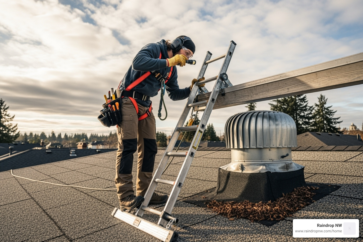 A homeowner safely inspecting a flat deck roof vent - balconies, patios, and flat decks roof vent repair in gresham or A homeowner safely inspecting a flat deck roof vent - balconies, patios, and flat decks roof vent repair in gresham or