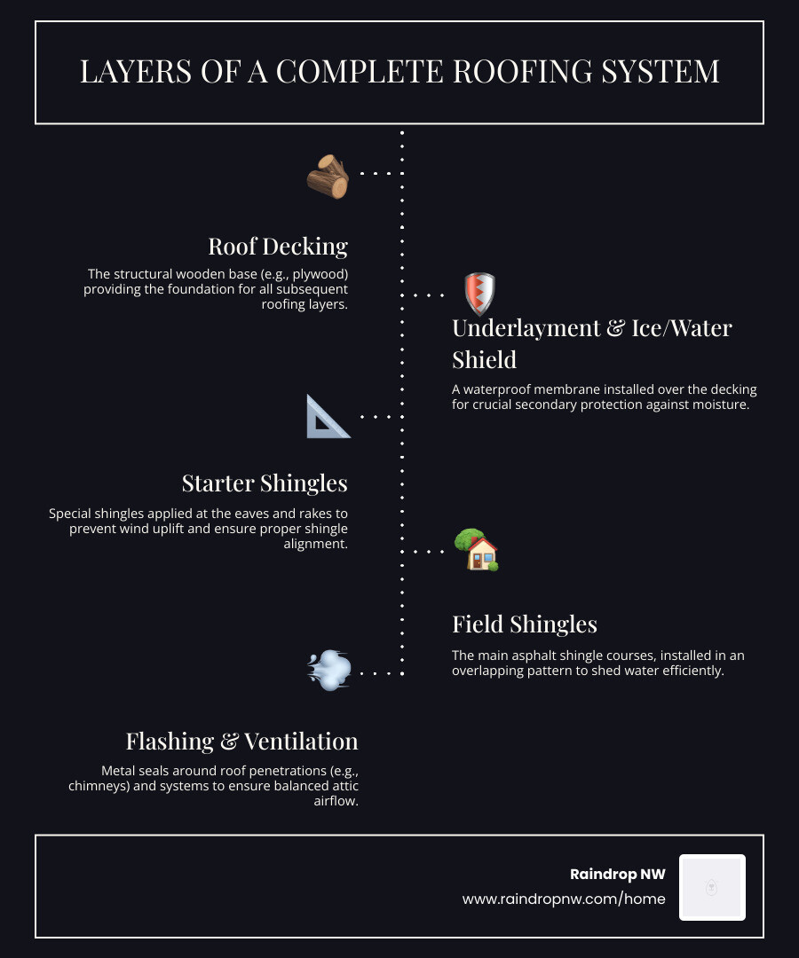 Infographic explaining the layers of a complete roofing system from decking to shingles - asphalt shingle roofing installation in wood village or infographic infographic-line-5-steps-dark