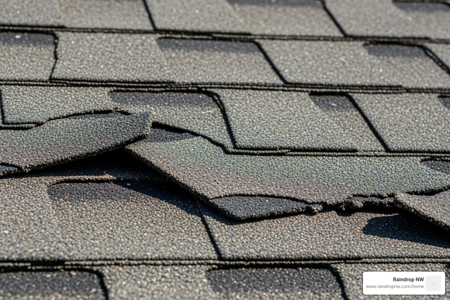 Curling and cracked shingles on a roof - asphalt shingle roofing installation in wood village or