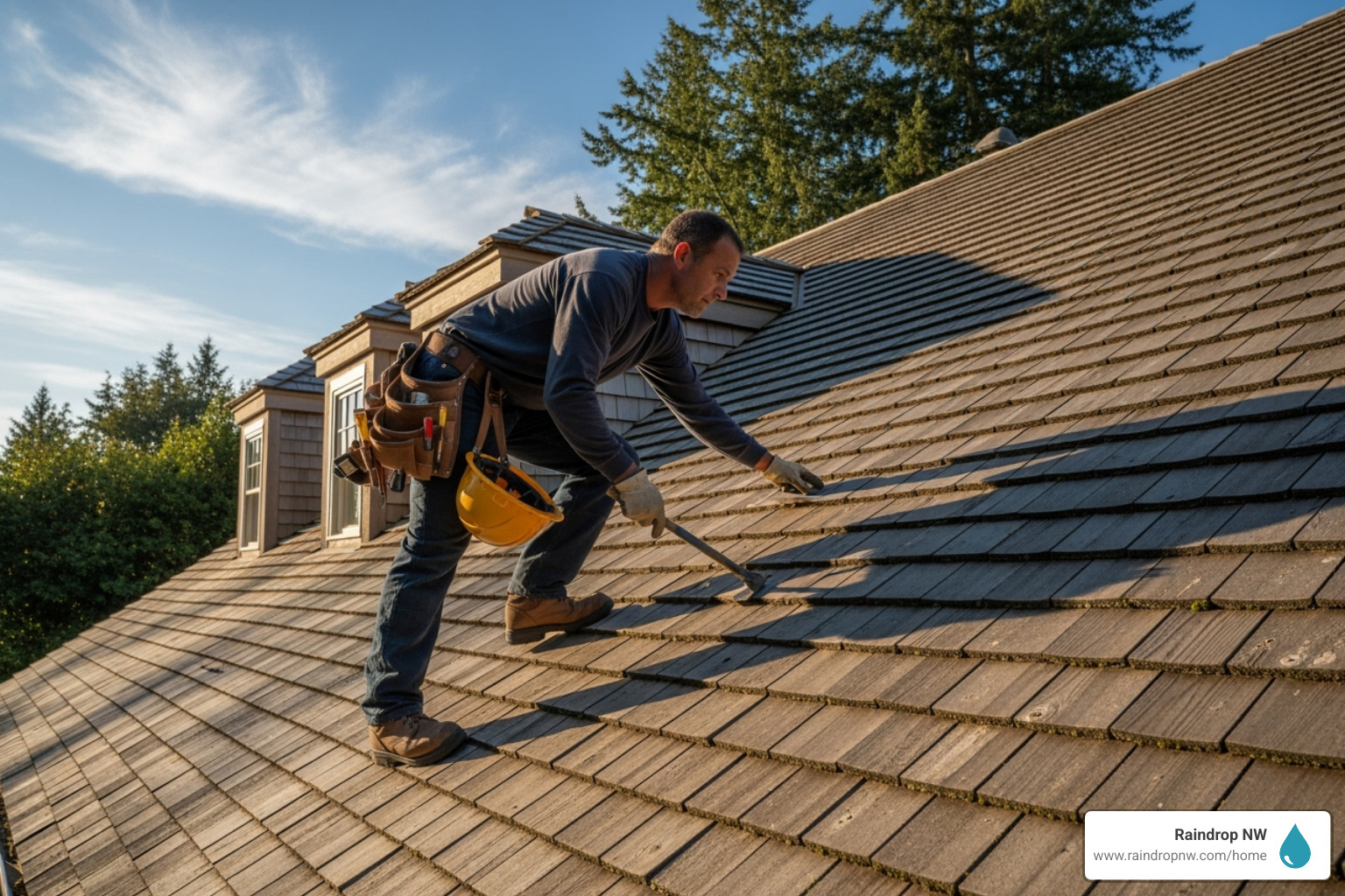 roofing professional inspecting cedar roof - cedar roofing in salmon creek wa