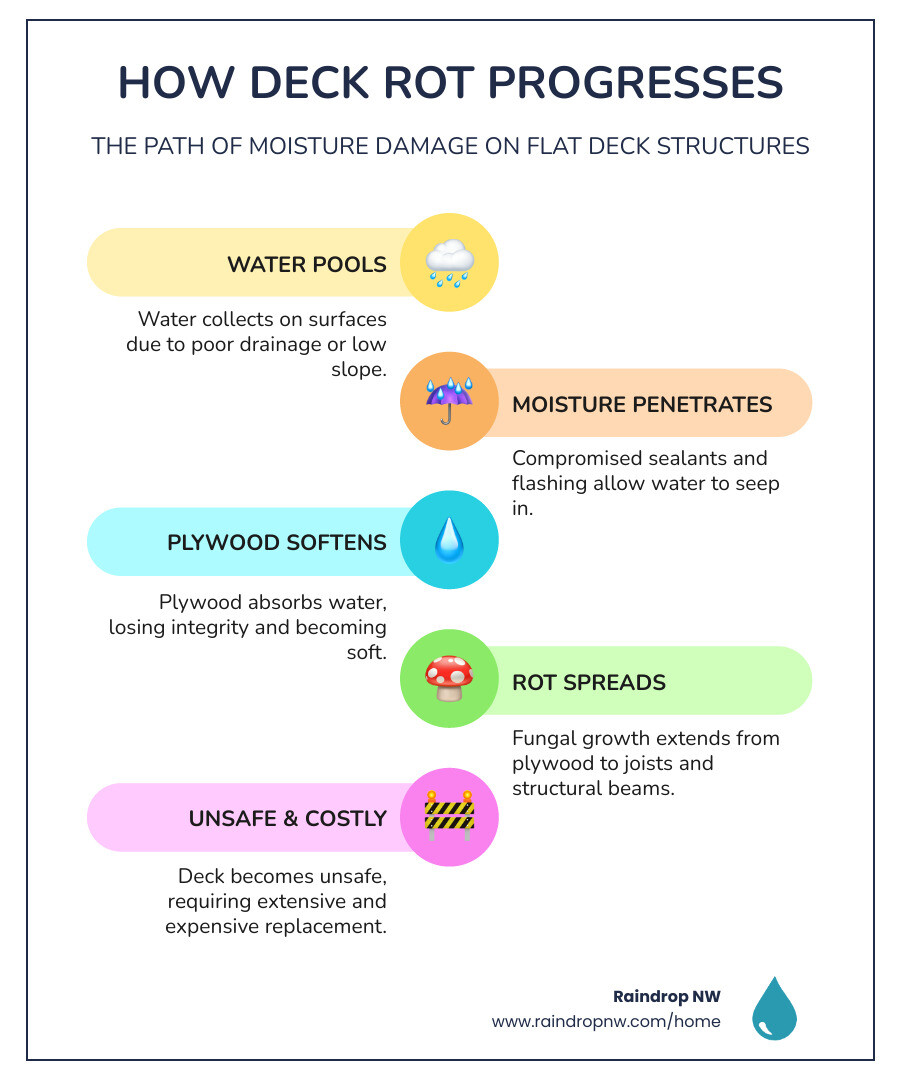 Infographic showing the progression of moisture damage on flat deck structures: 1) water pools on surface due to poor drainage, 2) moisture penetrates sealant and flashing, 3) plywood absorbs water and begins to soften, 4) rot spreads to joists and structural members, 5) deck becomes unsafe and requires extensive replacement - balconies, patios, and flat decks rotten plywood repair in orenco station or infographic infographic-line-5-steps-colors