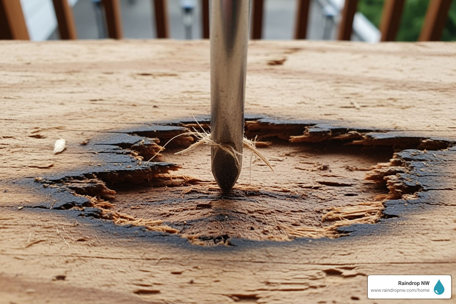 screwdriover in rotten plywood - balconies, patios, and flat decks rotten plywood repair in orenco station or