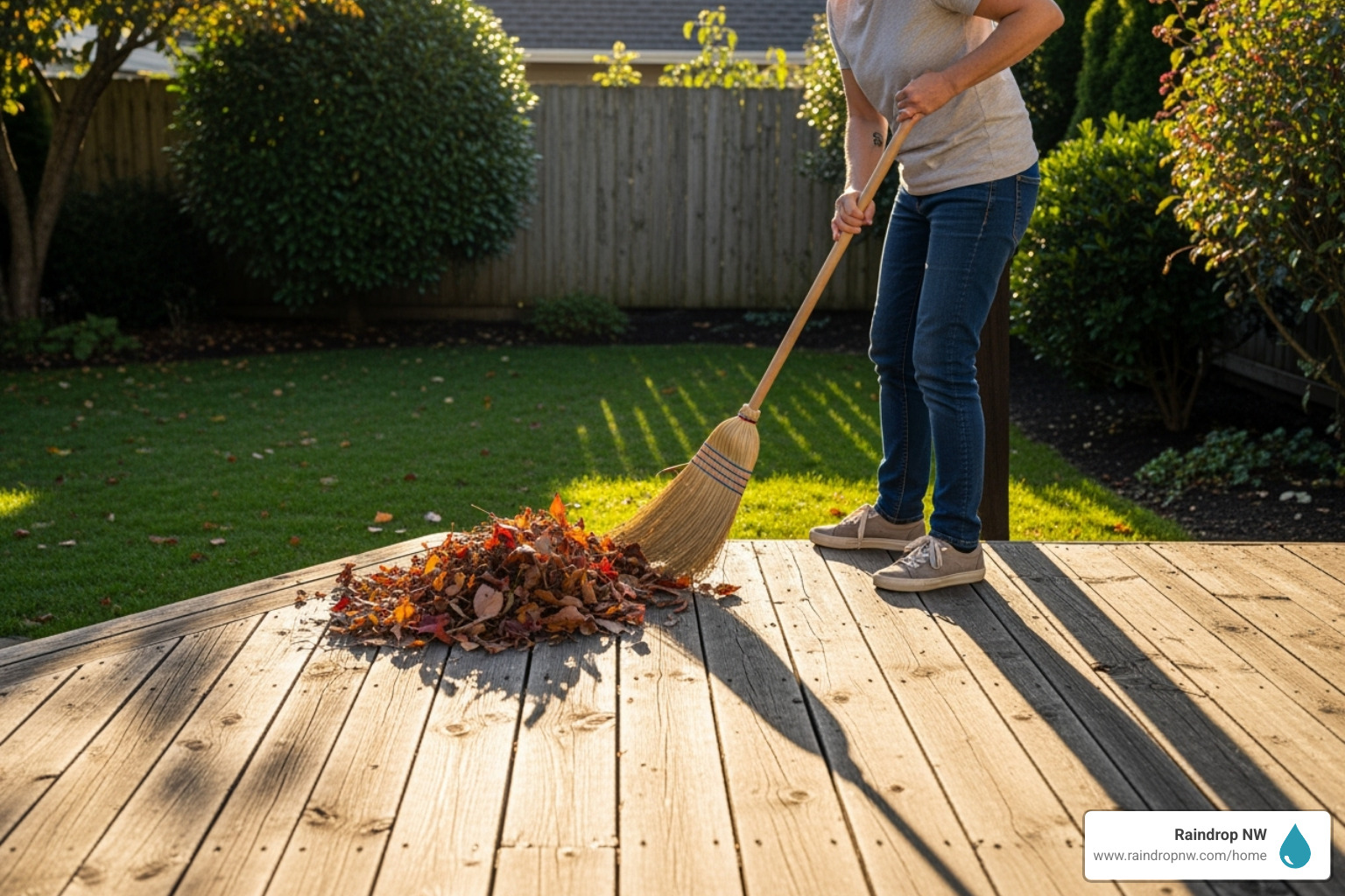 homeowner sweeping deck - balconies, patios, and flat decks rotten plywood repair in orenco station or