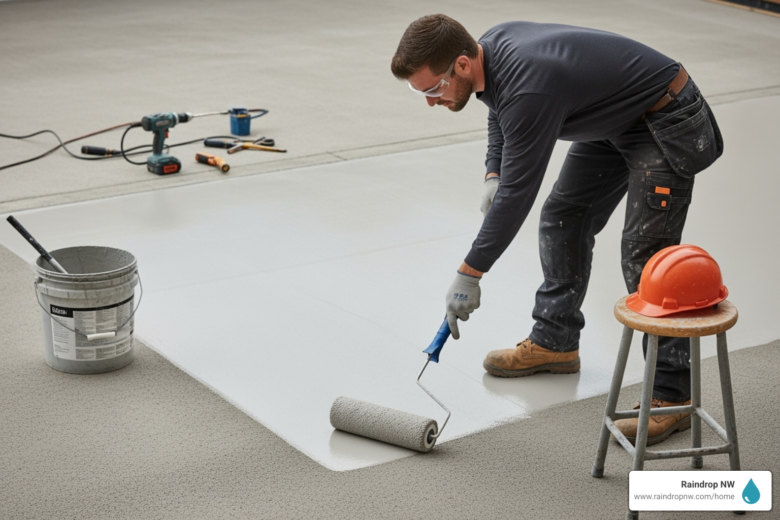 Professional applying waterproof membrane to a flat deck surface - balconies, patios, and flat decks repair in orenco station or