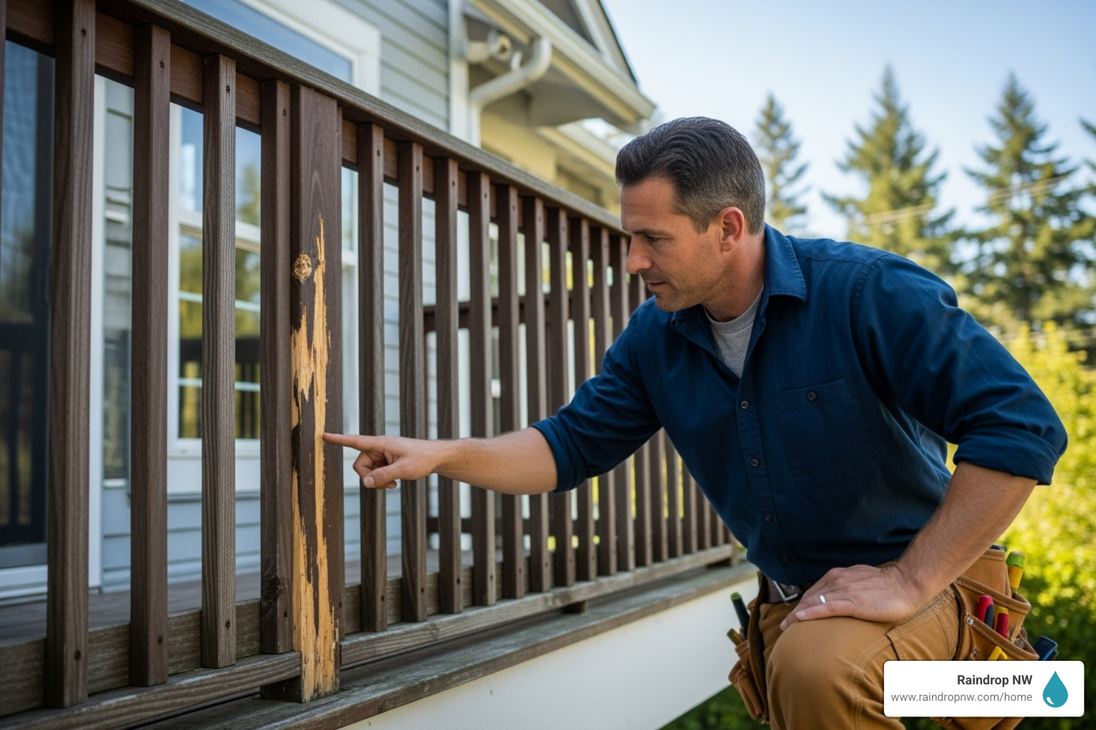 Contractor inspecting damaged balcony railing - balconies, patios, and flat decks repair in orenco station or