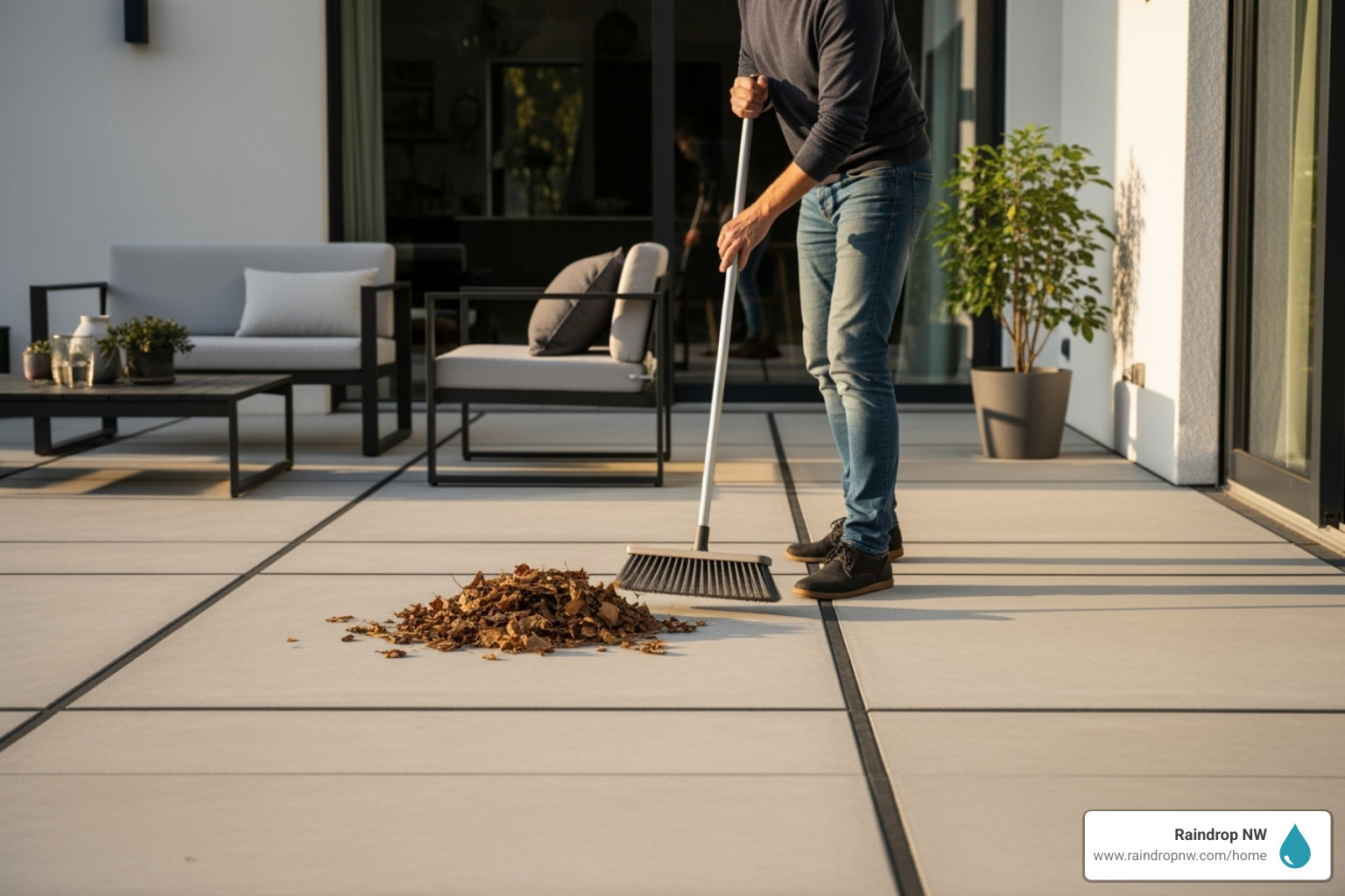 Homeowner sweeping leaves off a clean, modern patio - balconies, patios, and flat decks repair in orenco station or